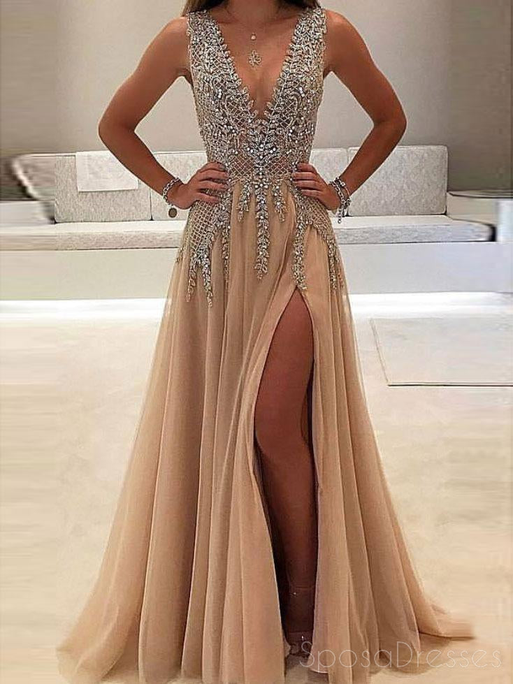 Sexy See Through Delicate Beading Side Slit Tulle Long Evening Prom Dresses, 172344
