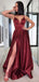 Spaghetti Straps Burgundy Side Slit Cheap Long Prom Dresses, Sweet 16 Prom Dresses, 12356