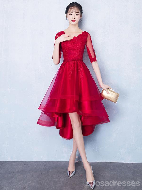 Long Sleeves Red Lace High Low Cheap Homecoming Dresses Online, CM699 SposaDresses Long Sleeves Red Lace High Low Cheap Homecoming Dresses Online, CM699 SposaDresses