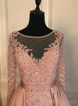 Long Sleeve See Through Heavily Beaded Dusty Pink Long Evening Prom Dresses, Popular Cheap Long 2018 Party Prom Dresses, 17228