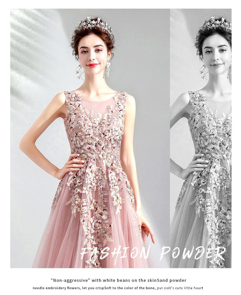 Floral A-line Pink Jewel Long Party Prom Dresses, Cheap Dance Dresses,12542