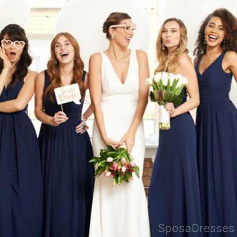 V Neck Navy Blue Chiffon Long Cheap Bridesmaid Dresses Online, WG609