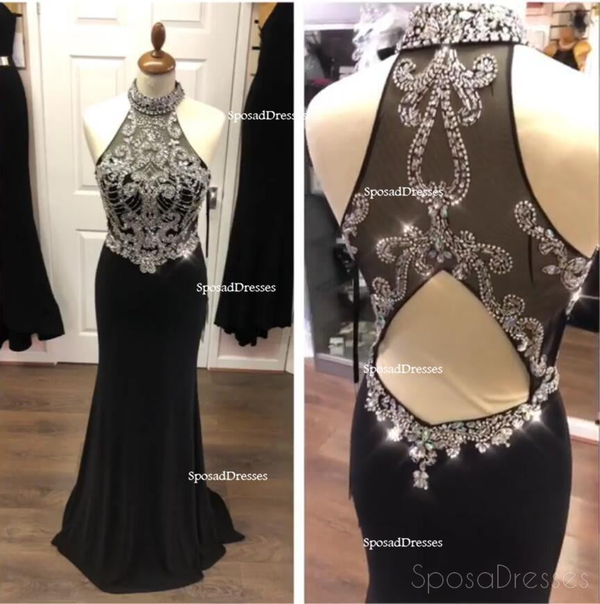 Sexy Open Back Halter Heavily Beaded Black Mermaid Long Evening Prom Dresses, Popular Cheap Long 2018 Party Prom Dresses, 17278