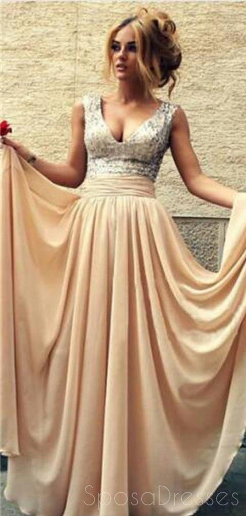 Long Silver Sequin Scoop Neckline Chiffon Prom Bridesmaid Dresses, PD0080