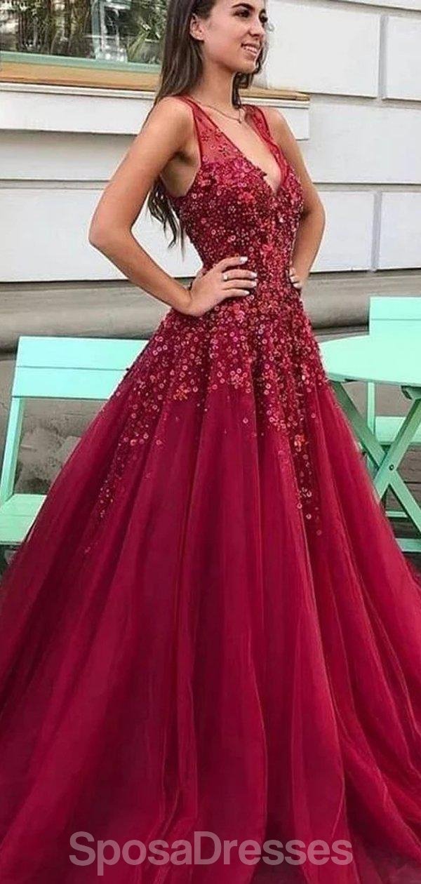 Dark Red V Neck A-line Tulle Long Evening Prom Dresses, Evening Party SposaDresses Dark Red V Neck A-line Tulle Long Evening Prom Dresses, Evening Party SposaDresses