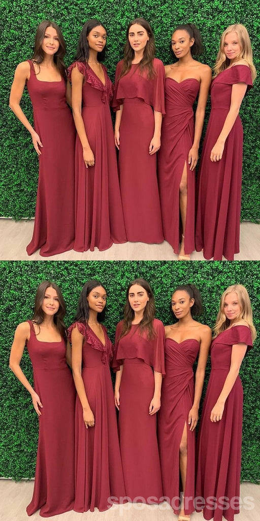 Mismatched Chiffon Dark Red Long Cheap Bridesmaid Dresses Online, WG682