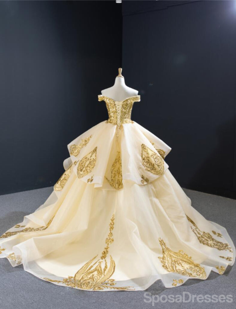 Off Shoulder Gold Applique Ball Gown Wedding Dresses, Gold Wedding Gow –  SposaDresses
