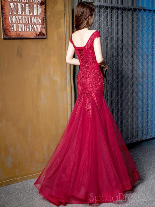 Cap Sleeves Red Lace Beaded Mermaid Cheap Long Evening Prom Dresses, Evening Party Prom Dresses, 18644