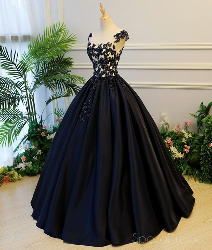 Cap Sleeve Black Lace A line Simple Long Evening Prom Dresses, Long Party Prom Dresses, 17327