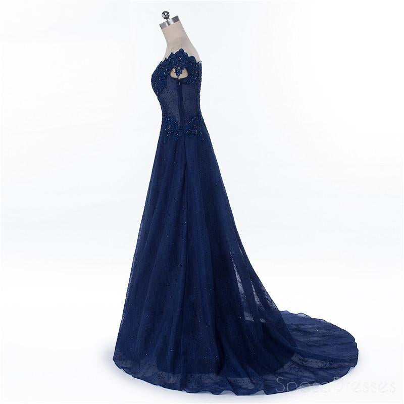Cap Sleeve Navy Blue See Through A line Lace Beaded Long Evening Prom Dresses, Popular Cheap Long 2018 Party Prom Dresses, 17229