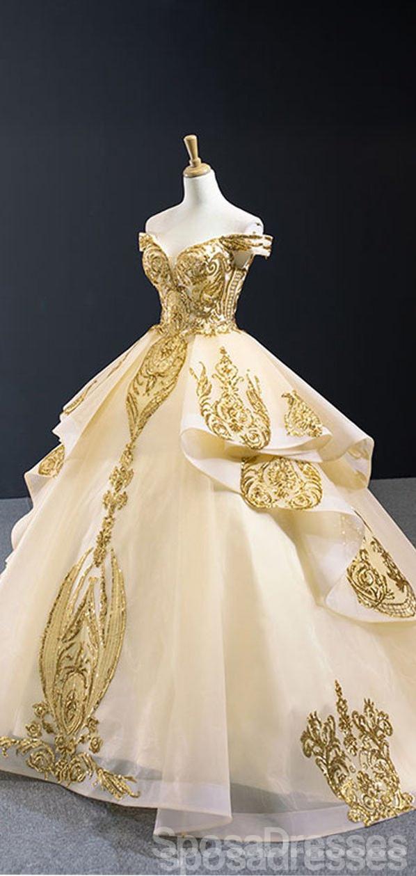 Off Shoulder Gold Applique Ball Gown Wedding Dresses, Gold Wedding Gow SposaDresses Off Shoulder Gold Applique Ball Gown Wedding Dresses, Gold Wedding Gow SposaDresses