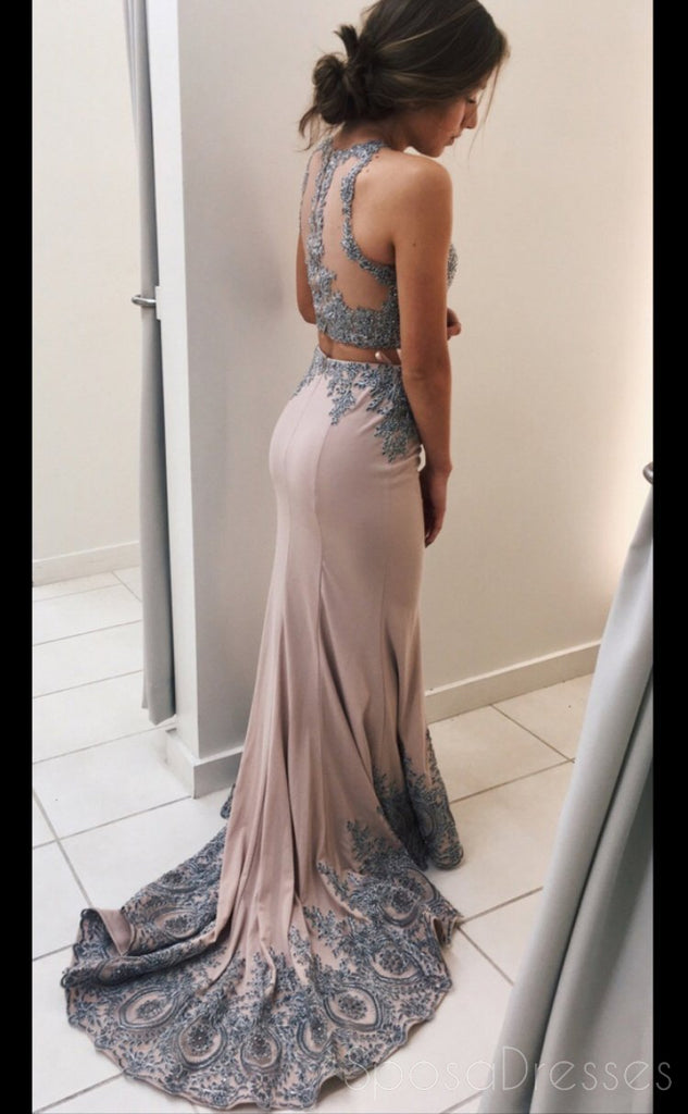 Sexy See Through Two Pieces Halter Mermaid Lace Long Custom Evening Prom Dresses, 17394