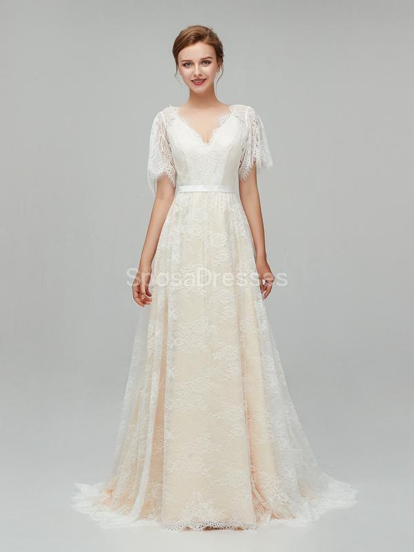 Champagne Short Sleeves Lace A-line Cheap Wedding Dresses Online, Cheap Bridal Dresses, WD561