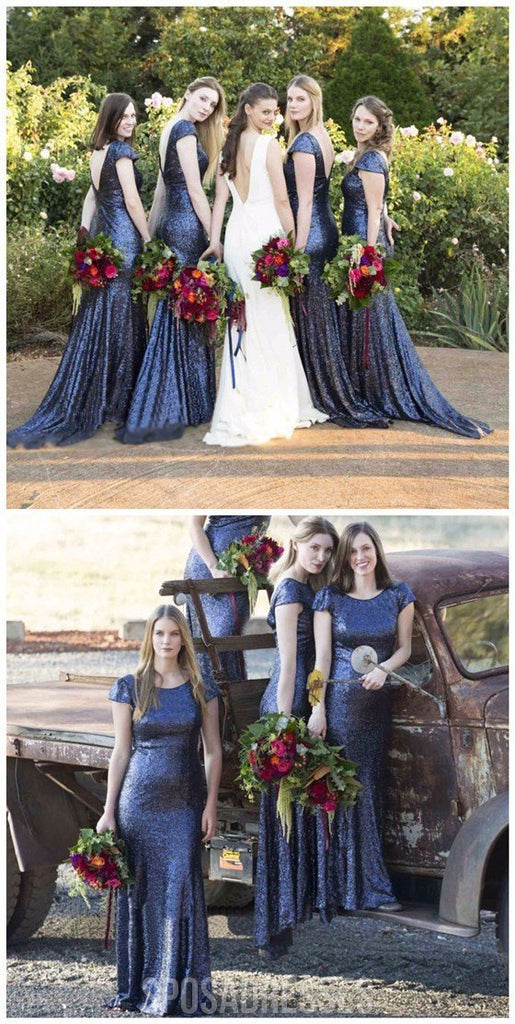 Cap Sleeve Round Neck Royal Blue Sequin Mermaid Long Bridesmaid Dresses, WG61