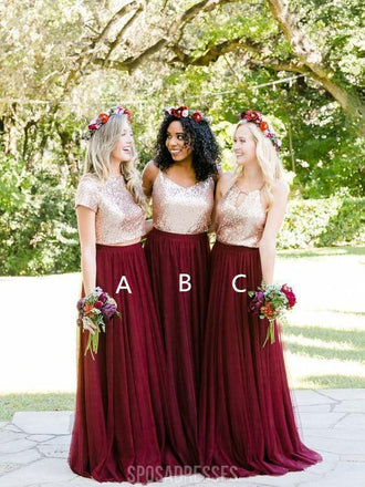 Short Sleeves Gold Sequin Burgundy A-line Long Bridesmaid Dresses, WG253