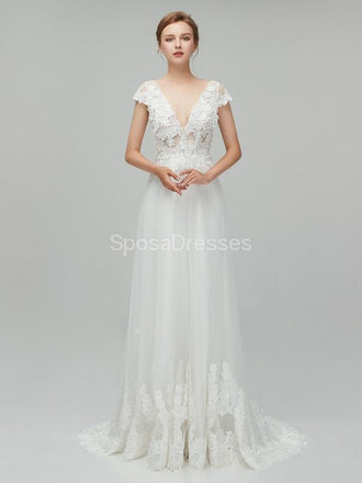 See Through Backless Cap Sleeves Cheap Wedding Dresses Online, Unique Bridal Dresses, WD562