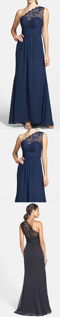 Elegant Navy Blue One Shoulder Lace Chiffon A Line Cheap Bridesmaid Dresses, WG64