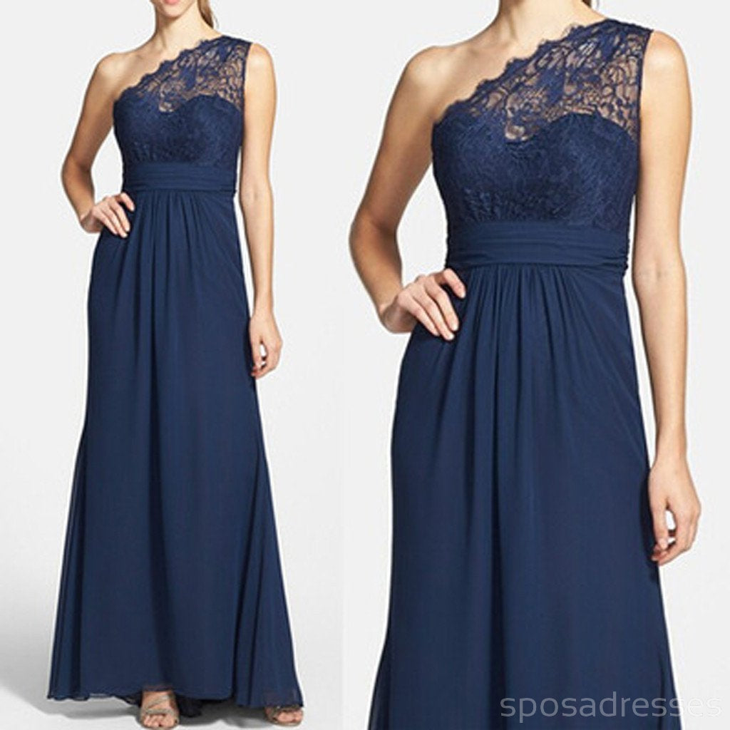 Elegant Navy Blue One Shoulder Lace Chiffon A Line Cheap Bridesmaid Dresses, WG64