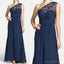 Elegant Navy Blue One Shoulder Lace Chiffon A Line Cheap Bridesmaid Dresses, WG64