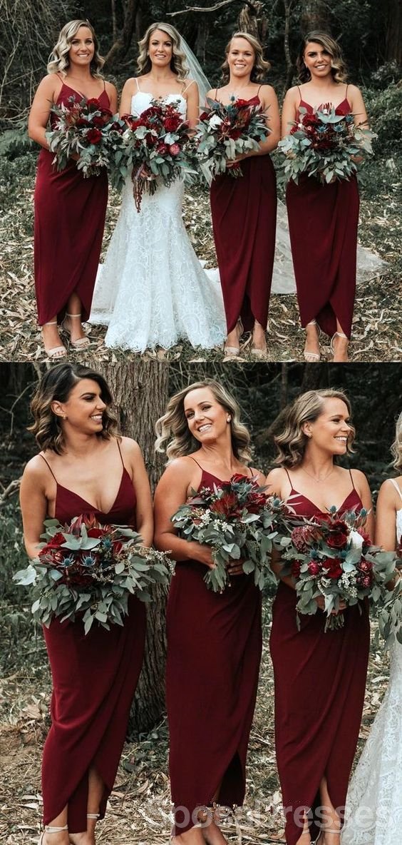 Dark Red Spaghetti Straps Ankle Length Cheap Bridesmaid Dresses Online SposaDresses Dark Red Spaghetti Straps Ankle Length Cheap Bridesmaid Dresses Online SposaDresses