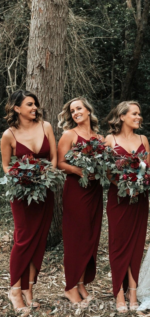 Dark Red Spaghetti Straps Ankle Length Cheap Bridesmaid Dresses Online SposaDresses Dark Red Spaghetti Straps Ankle Length Cheap Bridesmaid Dresses Online SposaDresses