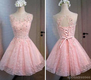 Pink Open Back Lace Beaded Cute Homecoming Prom Dresses, Affordable Short Party Prom Dresses, Perfect Homecoming Dresses, CM320