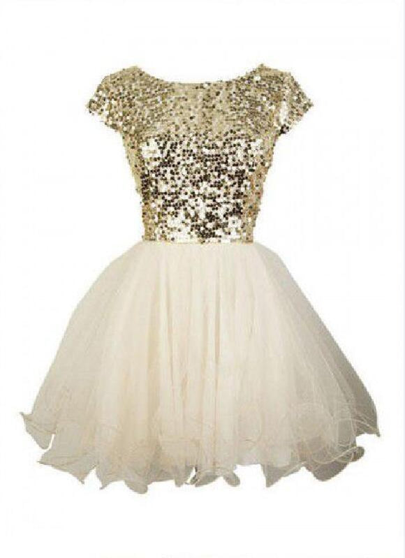 Gold sequin short sleeve Tulle homecoming prom dresses, cocktail dress, CM0012