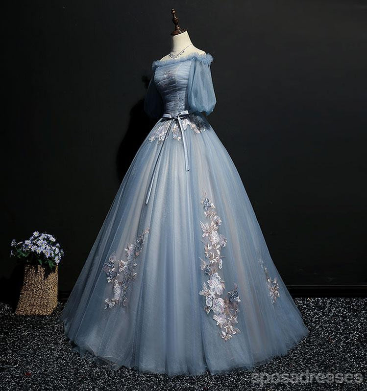 Blue A-line Off Shoulder Half Sleeves Long Party Prom Dresses, Dance Dresses,12550