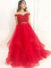 Red Off Shoulder Lace Two Pieces A line Long Custom Evening Prom Dresses, 17443