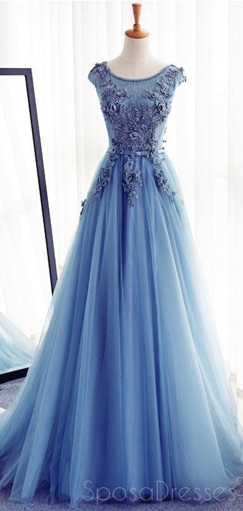 Cap Sleeve Blue Lace Beaded Evening A Line Prom Dresses, Long Sexy Party Prom Dress, Custom Long Prom Dresses, Cheap Formal Prom Dresses, 17133