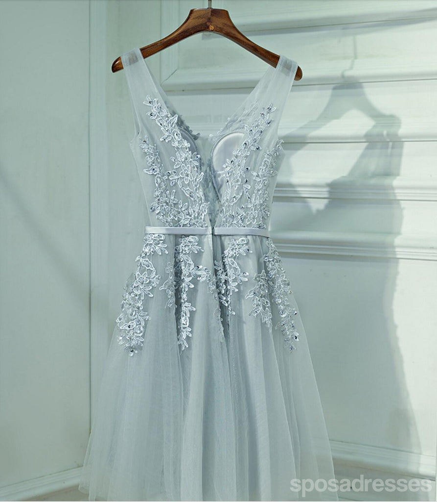 Cute Gray Lace v Neckline Short Homecoming Prom Dresses, Affordable Corset Back Short Party Prom Dresses, Perfect Homecoming Dresses, CM247
