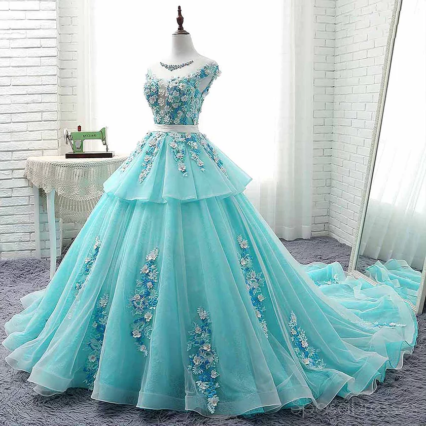 Scoop Cap Sleeves Tiffany Blue Lace Long Evening Prom Dresses, Cheap Custom Sweet 16 Dresses, 18522