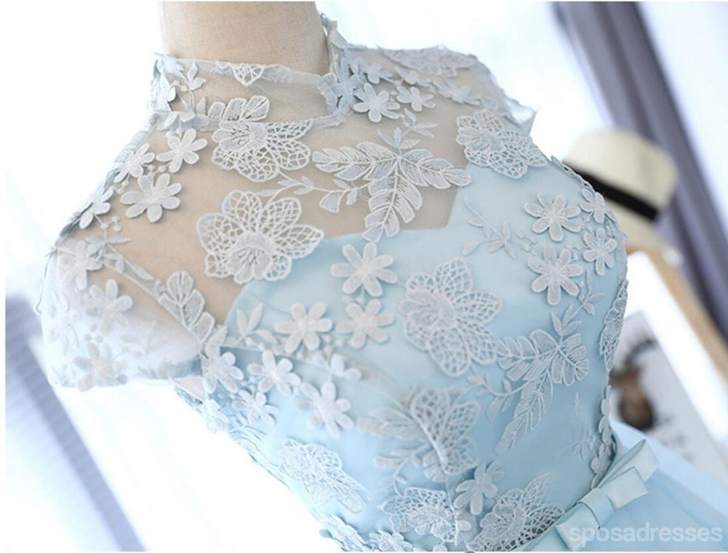 High Neckline Light Blue Cute Homecoming Prom Dresses, Affordable Sweet 16 Dresses, CM331