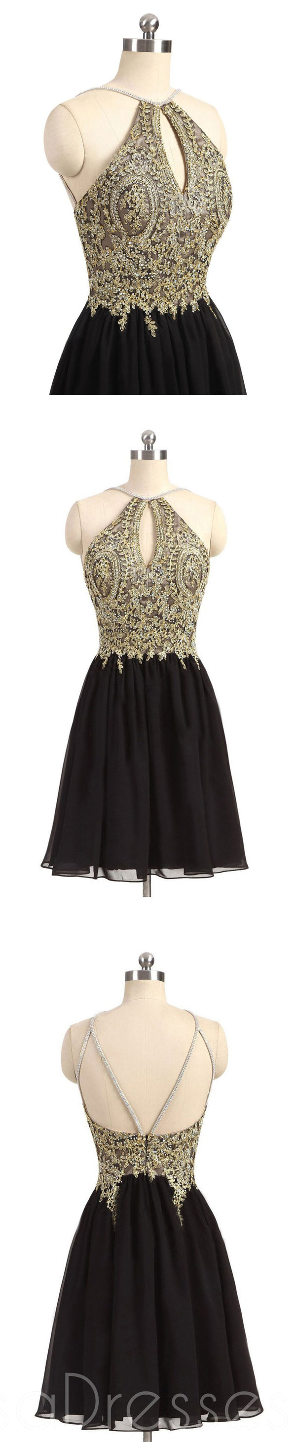 Gold Lace Beaded Black Chiffon Short Homecoming Prom Dresses, Affordab SposaDresses Gold Lace Beaded Black Chiffon Short Homecoming Prom Dresses, Affordab SposaDresses