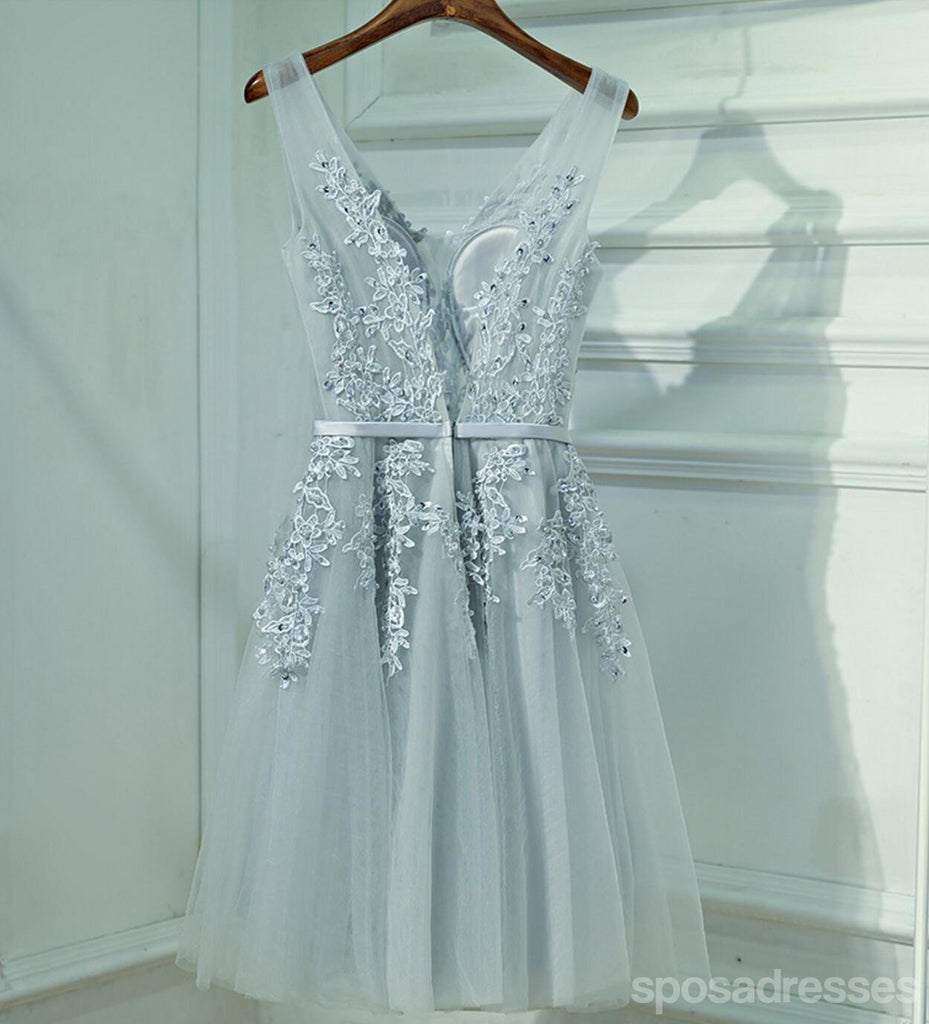 Cute Gray Lace v Neckline Short Homecoming Prom Dresses, Affordable Corset Back Short Party Prom Dresses, Perfect Homecoming Dresses, CM247