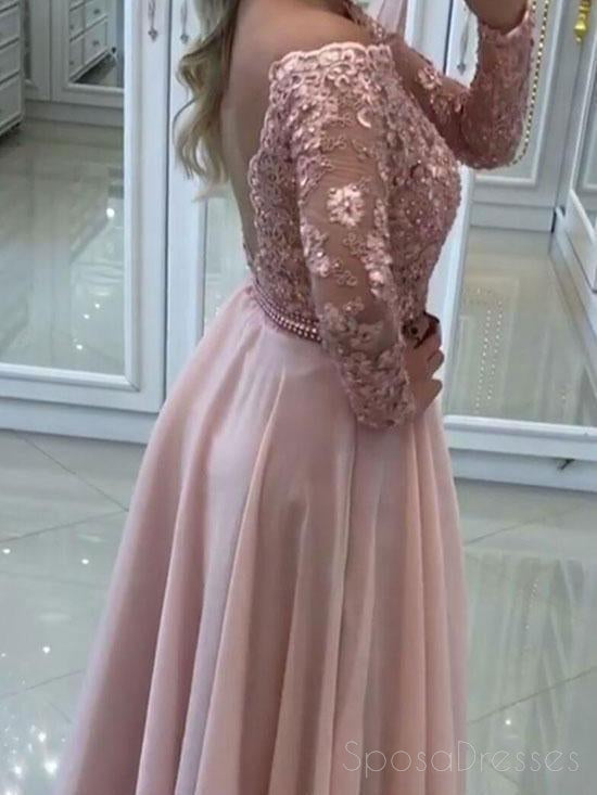 Off Shoulder Backless Long Sleeve Blush Pink Evening Prom Dresses, 17401