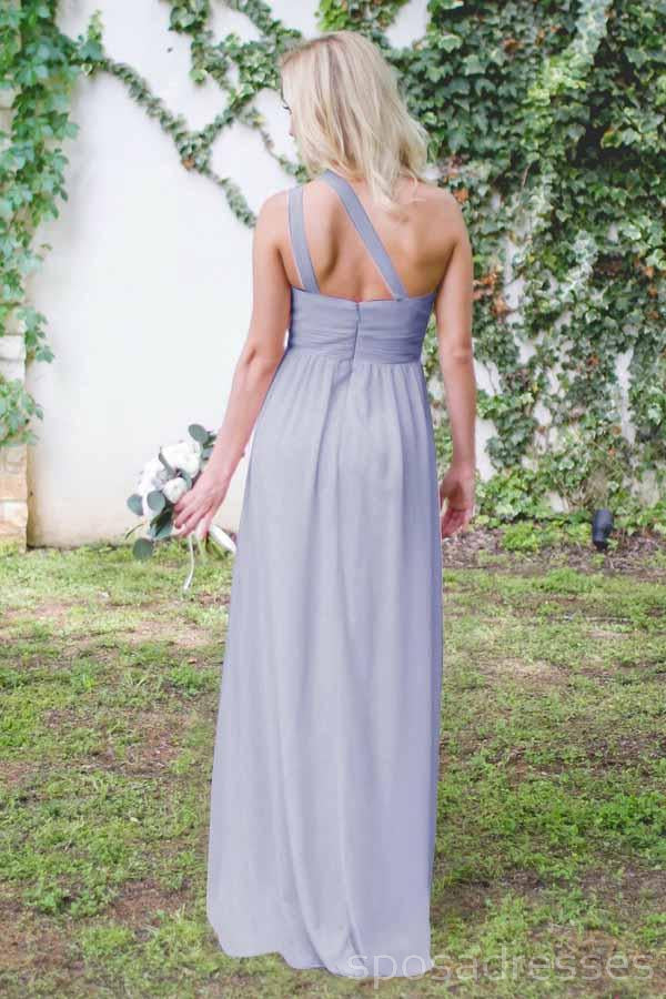 One Shoulder Dusty Blue Long Chiffon Cheap Bridesmaid Dresses Online, WG260