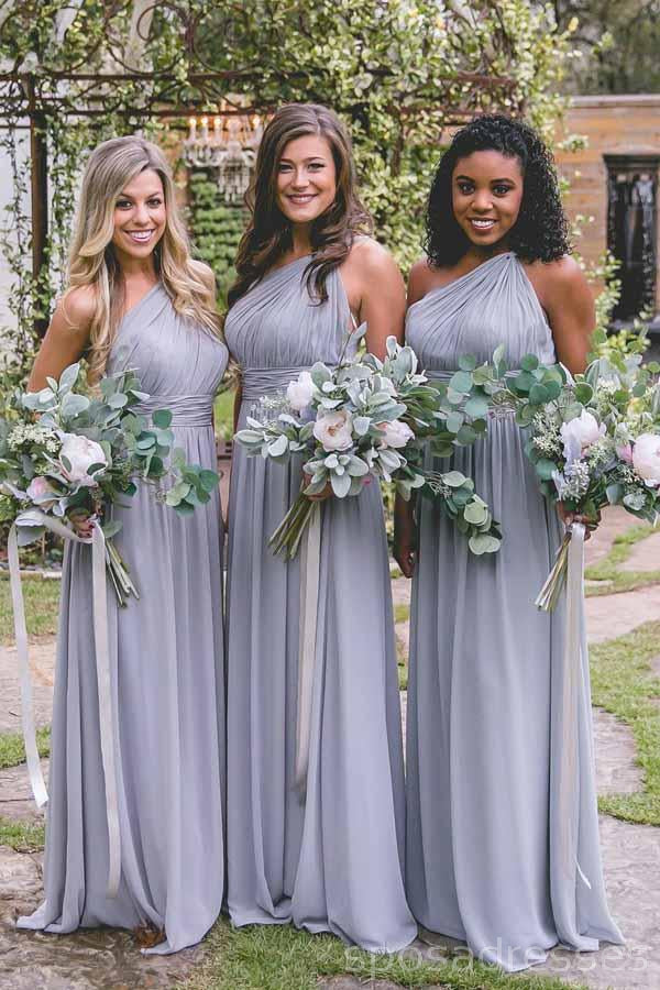 One Shoulder Dusty Blue Long Chiffon Cheap Bridesmaid Dresses Online, SposaDresses One Shoulder Dusty Blue Long Chiffon Cheap Bridesmaid Dresses Online, SposaDresses