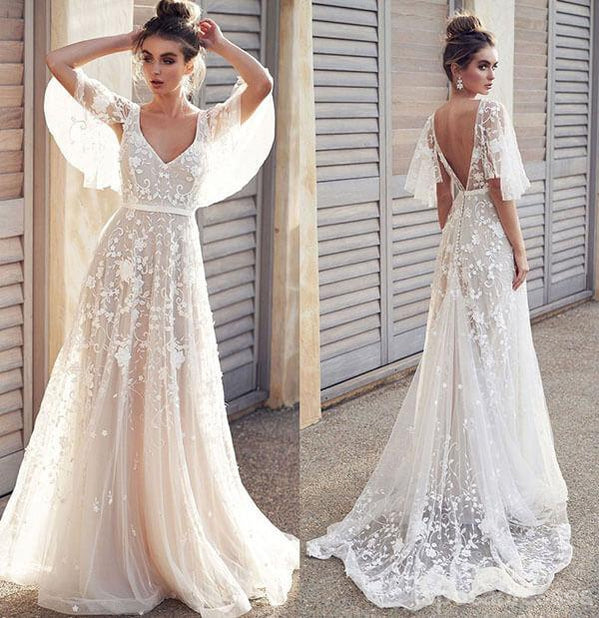 Half Sleeves A-line V-neck Backless Handmade Lace Wedding Dresses,WD736