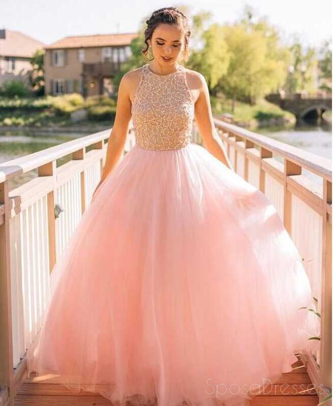 Blush Pink Tulle A line Evening Prom Dresses, Beaded Long Party Prom Dress, Custom Long Prom Dress, Cheap Party Prom Dress, Formal Prom Dress, 17030