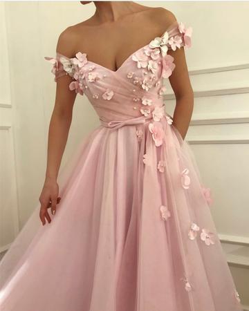 Cute Floral Pink A-line Off Shoulder Cheap Long Prom Dresses Online,12683