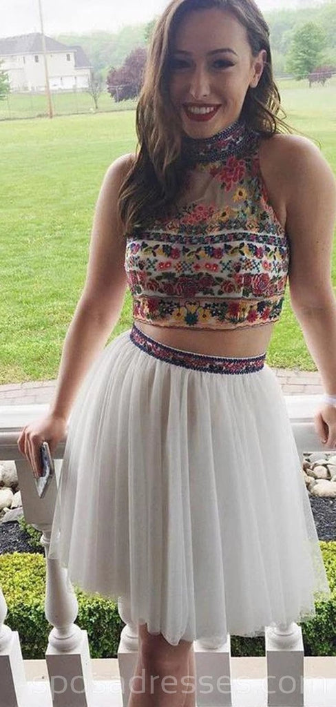 Sexy Two Pieces White Embroidery Cheap Homecoming Dresses Online, Cheap Short Prom Dresses, CM744