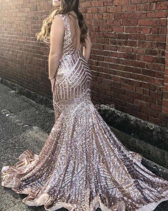 Sexy Backless Sequin Mermaid Long Evening Prom Dresses, Evening Party Prom Dresses, 12221