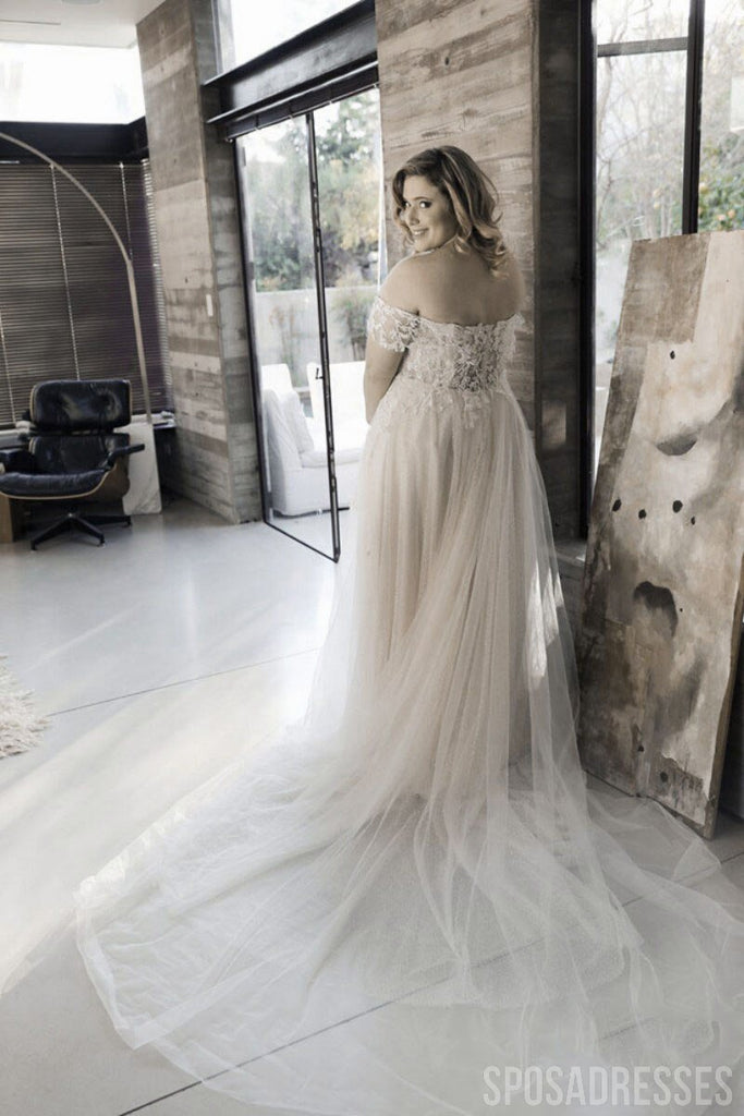 Off Shoulder Lace Applique Plus Size Wedding Dresses Online, Cheap Bridal Dresses, WD647
