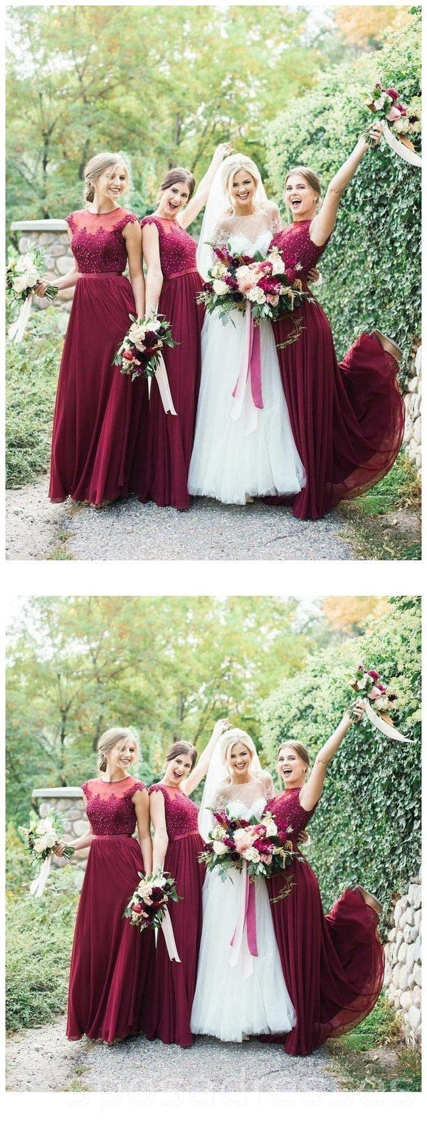 Jewel Cap Sleeves Dark Red Chiffon Floor Length Cheap Bridesmaid Dress SposaDresses Jewel Cap Sleeves Dark Red Chiffon Floor Length Cheap Bridesmaid Dress SposaDresses