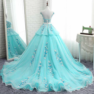 Scoop Cap Sleeves Tiffany Blue Lace Long Evening Prom Dresses, Cheap Custom Sweet 16 Dresses, 18522