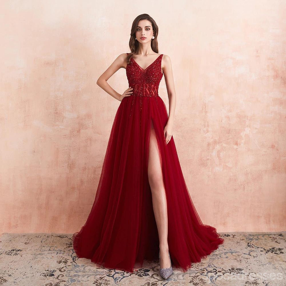 Red A-line High Slit Straps Party Prom Dresses, Dance Dresses 2021,Prom Dresses Stores,12529