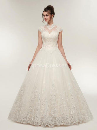Lace Straps Ball Gown V-neck Long Wedding Dresses Online, Cheap