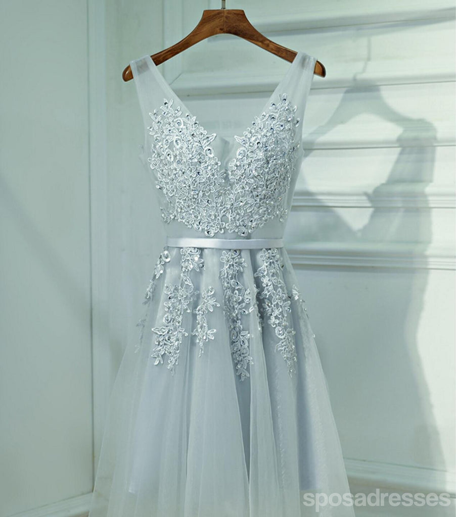 Cute Gray Lace v Neckline Short Homecoming Prom Dresses, Affordable Corset Back Short Party Prom Dresses, Perfect Homecoming Dresses, CM247