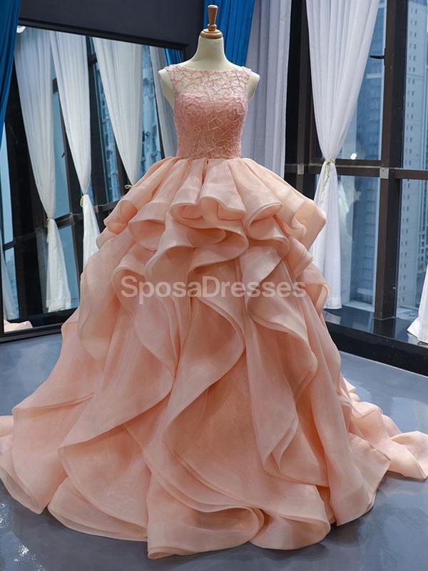 Peach Lace Beaded Ruffle Ball Gown Evening Prom Dresses, Evening Party SposaDresses Peach Lace Beaded Ruffle Ball Gown Evening Prom Dresses, Evening Party SposaDresses